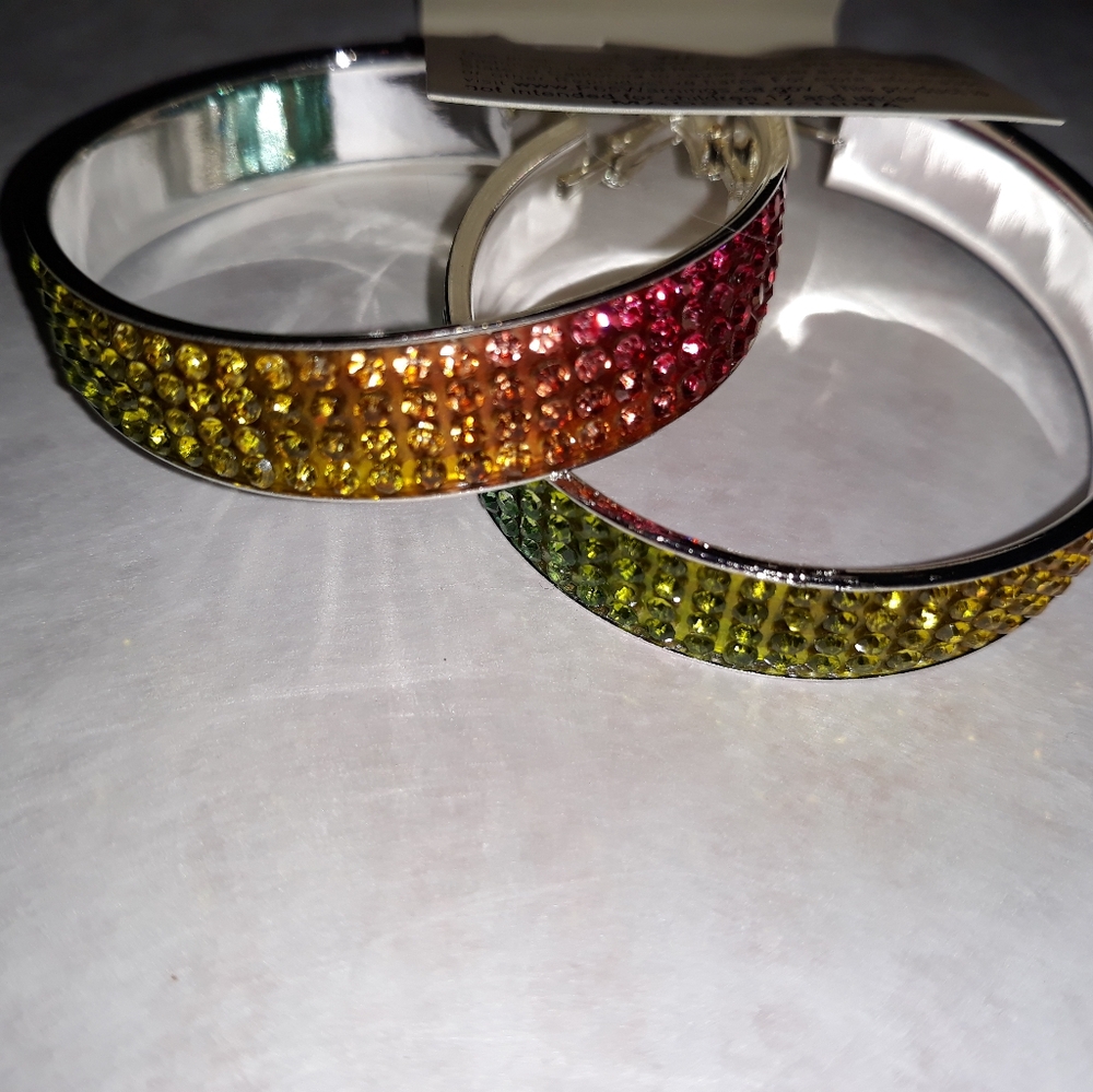 Crystal Rainbow Hoops Large Earrings Thick Lite Metal Alloy on ss posts NEW NWT